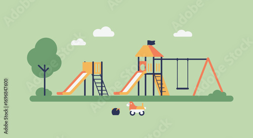 children playing at colorful playground with slides swings and trees