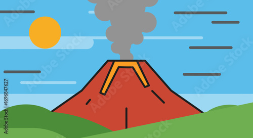 a volcano erupting smoke under bright sun over green fields