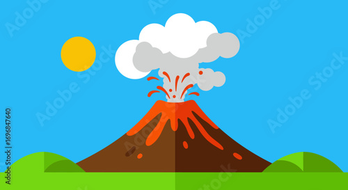 volcano erupting with smoke lava flowing under sunny sky