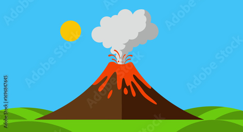 volcano erupting with smoke lava flowing under bright sun