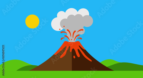 a volcano erupting with lava flowing under bright sunny sky