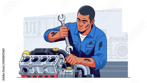 Mechanic at Work: A skilled mechanic, with his hands and clothes bearing the marks of labor, focuses intently as he works to repair an engine. the engine.