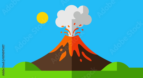 a volcano erupting with smoke lava and sun above