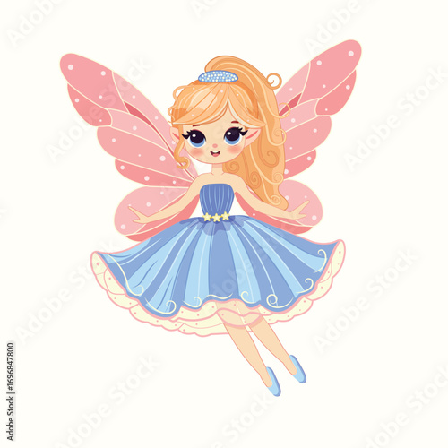 Cute fairy girl flies in the sky with wings and a magic wand flies in the sky on white background. Poster, Banner, Flyer, Greeting Card. Vector illustration in flat cartoon style