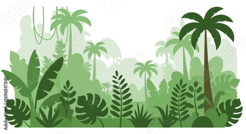 lush tropical forest with diverse green plants and tall palm trees
