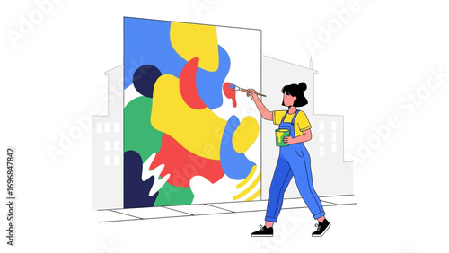 Artistic Expression: A vibrant illustration captures a moment of artistic creation as a female artist passionately paints on a large outdoor canvas, bringing colorful abstract shapes to life.