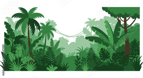 lush tropical forest with diverse greenery and misty atmosphere