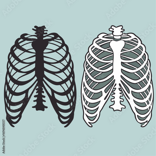 Two stylized rib cage illustrations, one black and one white, against a light blue background, representing human anatomy and medical concepts