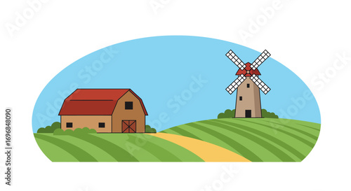 a quaint farm scene with windmill barn and rolling hills
