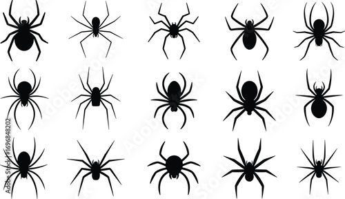 Collection of spider silhouettes, black spider icons vector, creepy insect shapes, Halloween elements, arachnid illustrations, isolated on white background.