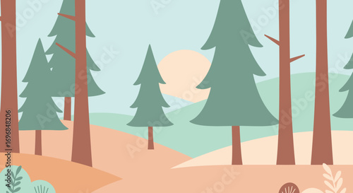 a serene forest scene with tall trees and rising sun