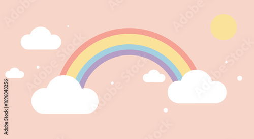a colorful rainbow arches through soft clouds under bright sun