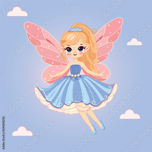 Cute fairy girl flies in the sky with wings and a magic wand flies in the sky on white background. Poster, Banner, Flyer, Greeting Card. Vector illustration in flat cartoon style