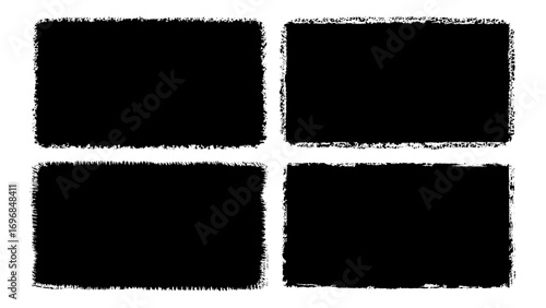 Set of rectangular grunge template backgrounds. Black square shapes with ripped jagged borders on white background. Vector black paint brush spots, Hand drawn Ink brush strokes texture.