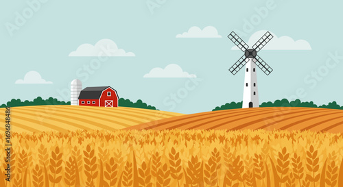 a serene farm landscape with windmill barn fields and fluffy clouds