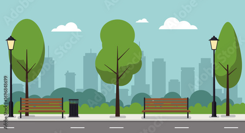 city park scene with benches trees and skyline view