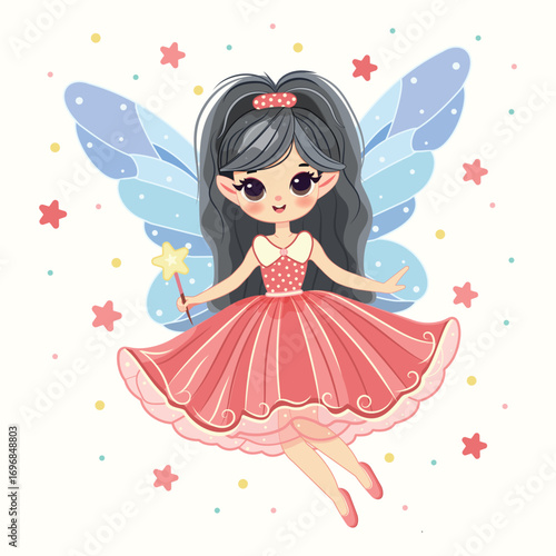 Cute fairy girl flies in the sky with wings and a magic wand flies in the sky on white background. Poster, Banner, Flyer, Greeting Card. Vector illustration in flat cartoon style