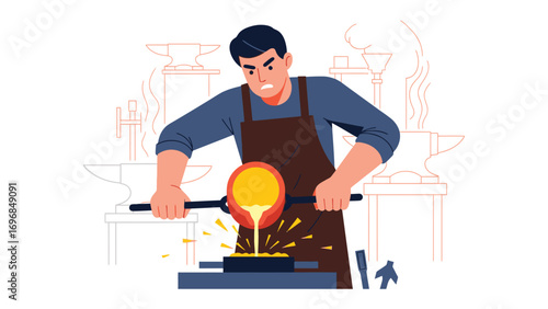Artisan at the Forge: An illustration depicts a focused artisan, meticulously pouring molten metal onto an anvil in a bustling workshop, demonstrating skill and precision in his craft. 