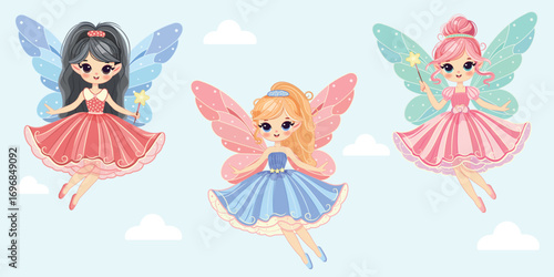 Cute fairy girl flies in the sky with wings and a magic wand flies in the sky on color background. Poster, Banner, Flyer, Greeting Card. Vector illustration in flat cartoon style