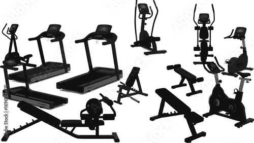 Silhouette vector illustration of various modern gym equipment including treadmills, exercise bikes, benches, and elliptical machines for fitness