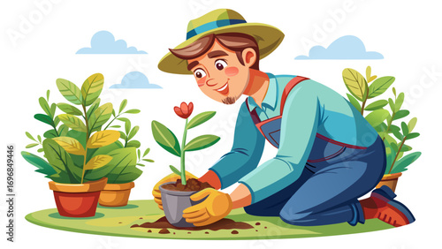 Close-up portrait of male gardener planting a small seedling. Isolated white background showcases care, growth, and natural harmony.
