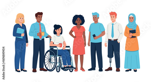 Diverse group of people with varying abilities and backgrounds standing together inclusively.