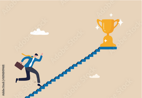 Take small steps to achieve big goal, growing wisely slow and steady to reach target and achieve success, career development concept, confidence businessman take slow small stair steps to reach goal.