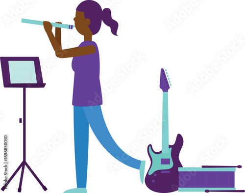 Musician Practicing with Microphone and Guitar

Creative Music Performance Concept Artwork

Female Vocalist Singing with Stage Equipment Illustration