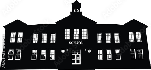 Silhouette vector of traditional school building with bell tower, multiple windows, front entrance, classic architecture, perfect for educational themes