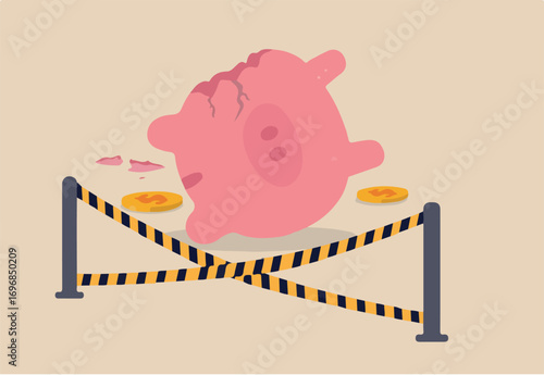 Overspending financial mistake, money lost in investment or stock market crash causing bankruptcy in economic crisis concept, broken pink piggy bank and money been stolen with yellow crime scene tape.