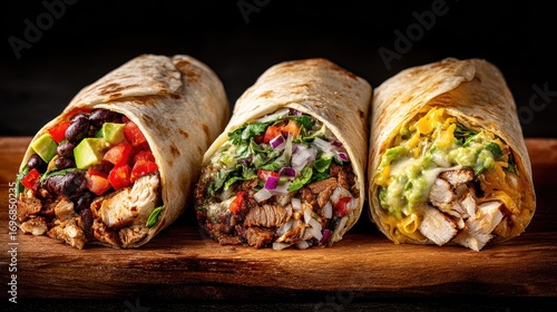 Three Delicious Burritos with Fresh Ingredients on a Wooden Board.