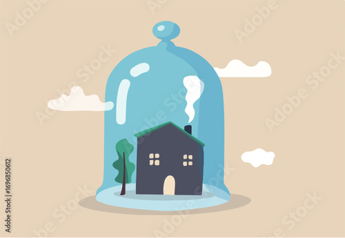 House insurance, home ownership assurance, residence, apartment or real estate protection concept, small house under strong protection from glass cover.