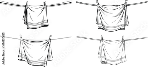Hanging Towels on Clothesline Set, Laundry Drying Fabric Vector Illustration.