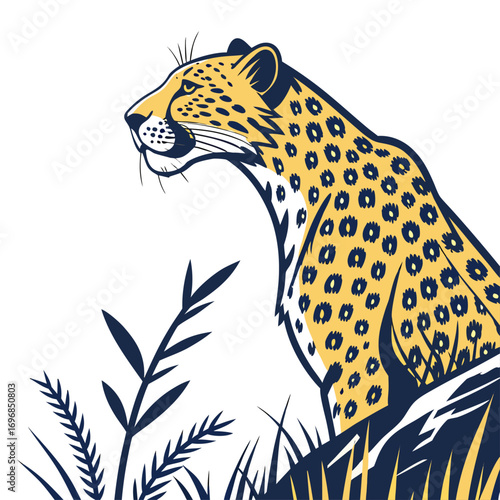 Illustration of a leopard peeking through grass