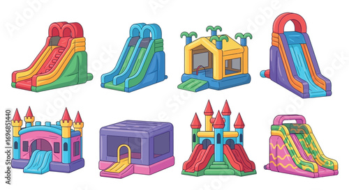 Collection of colorful inflatable bounce houses and slides for children's parties and outdoor fun.