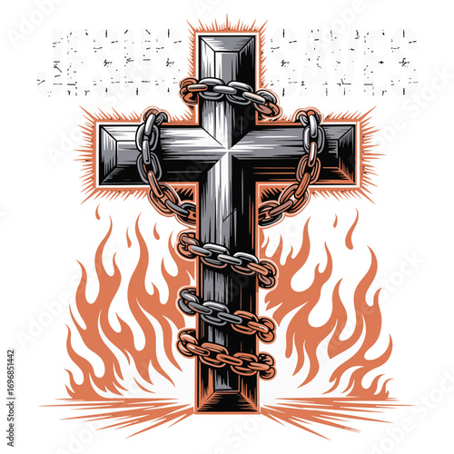Christian Cross Wrapped In Chains With Flames And Rays Of Light religion faith