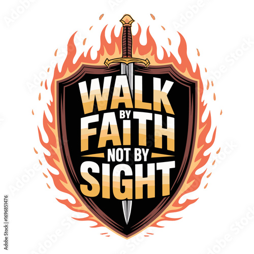 Christian Shield with Sword and Flames Walk by Faith Not by Sight Religious Quote religion christianity