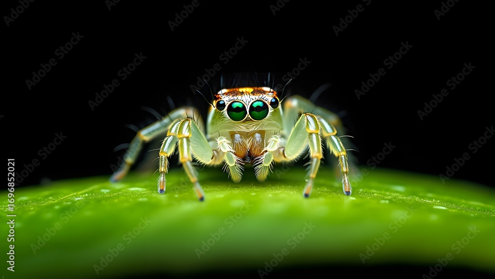 Fototapeta premium Close up of a jumping spider with bright green eyes on a green leaf with black background