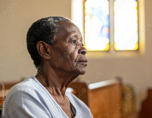 Old black woman praying at church