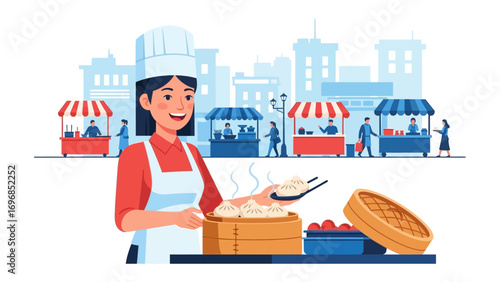 Culinary Delights at the Street Market: An inviting street food vendor, expertly presents a freshly steamed dish, amidst a bustling urban market scene. A culinary adventure for the senses