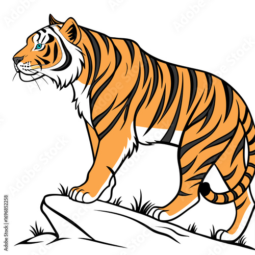 A majestic tiger stands on a rock, its orange and black stripes clearly visible