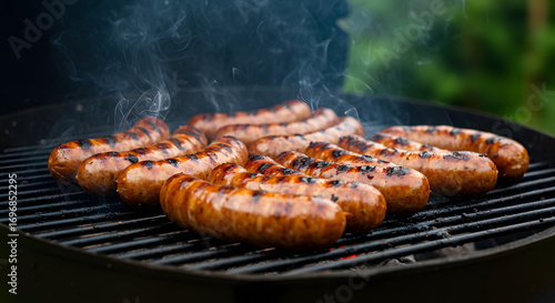 Grilled sausages on barbecue for summer picnic delicious smoked sausage bbq grill party food tasty meat 