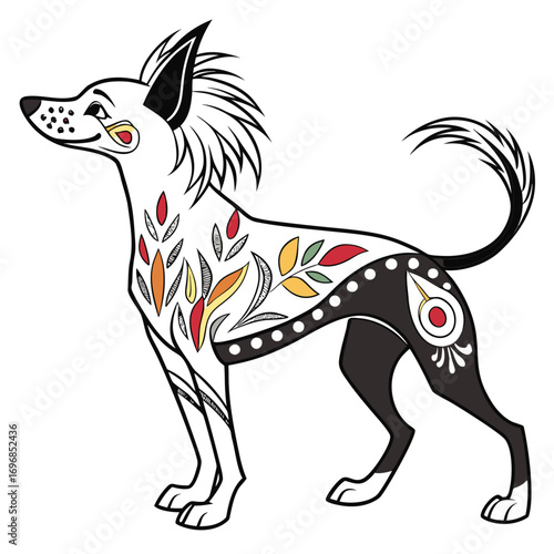 Stylized dog with tribal patterns and colorful floral motifs