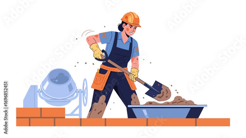 Female Construction Worker at Work: A determined construction worker diligently works with a shovel at a construction site, meticulously mixing a cement blend, ready for the next step of the project.