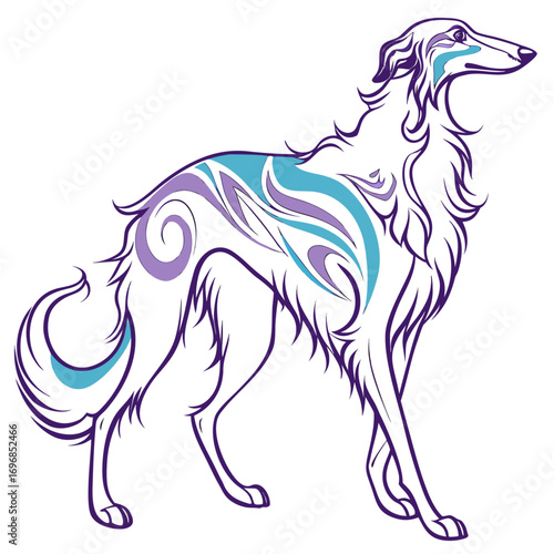 Stylized borzoi dog with abstract purple and blue markings