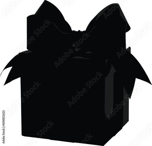 Vector illustration of elegant black gift box with large ribbon bow, ideal for luxury packaging, celebration, surprise, and decoration themes.