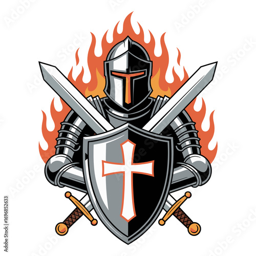 Knight in armor with flaming background holding shield and swords warrior medieval