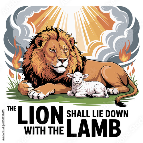 Lion And Lamb Lying Together With Sun Rays And Flames animals wildlife