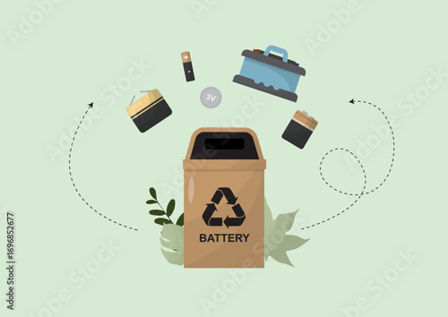 Battery Recycling Process. Various battery types. Battery and accumulators waste. Waste management. Zero waste and recycling. Waste battery. Flat style. Vector illustration