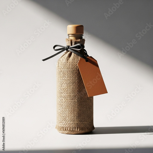 Rustic burlap wrapped bottle with cork stopper and blank gift tag